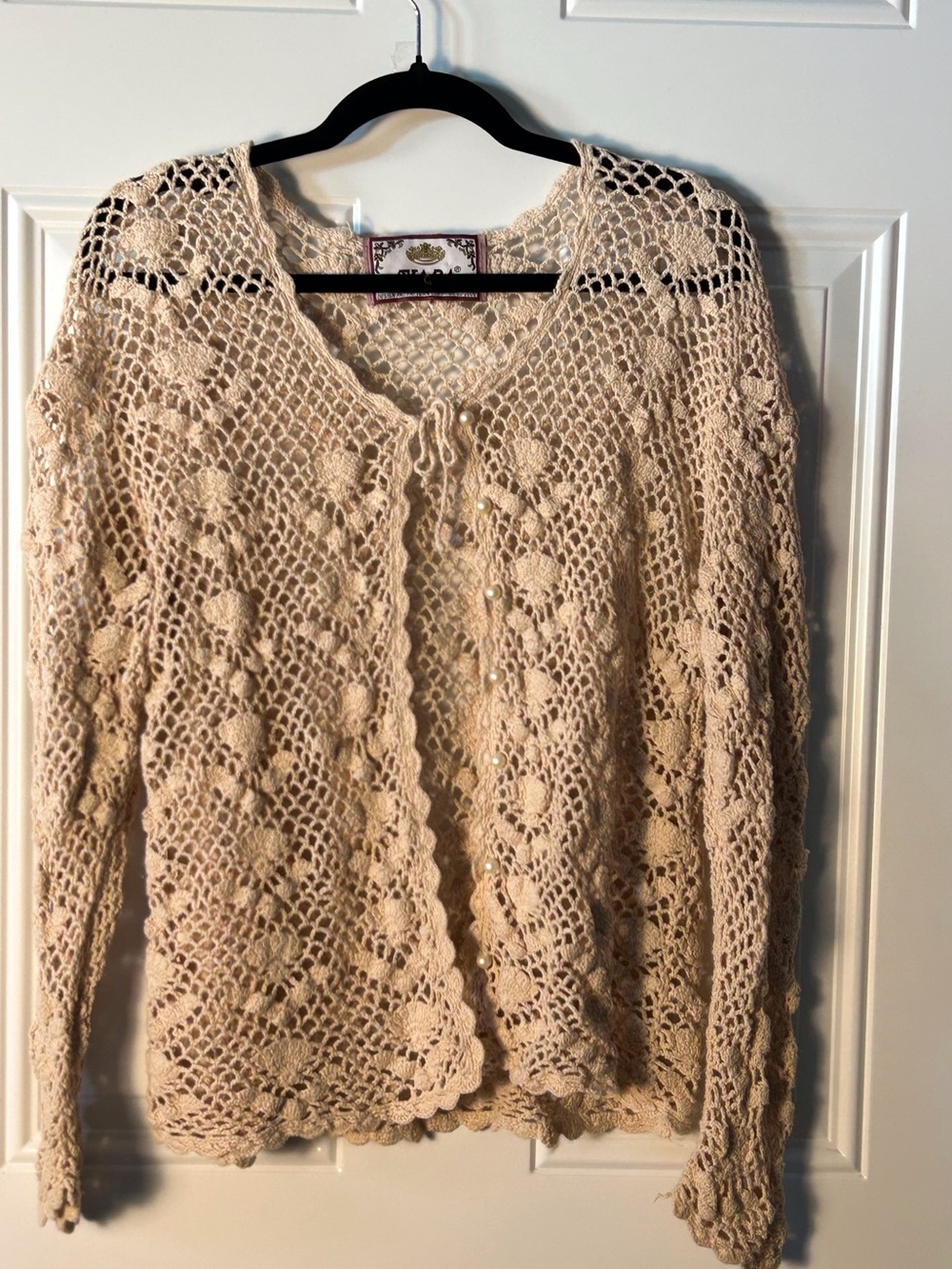 Vintage Tiara Openwork Crochet Cardigan Tan Pearl Buttons Tie Closure  Feminine